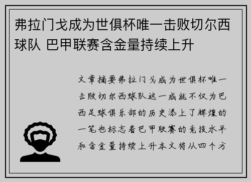 弗拉门戈成为世俱杯唯一击败切尔西球队 巴甲联赛含金量持续上升 弗拉门戈成为世俱杯唯一击败切尔西球队 巴甲联赛含金量持续上升