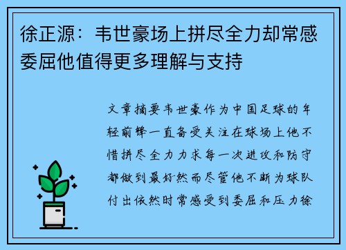 徐正源:韦世豪场上拼尽全力却常感委屈他值得更多理解与支持 徐正源:韦世豪场上拼尽全力却常感委屈他值得更多理解与支持