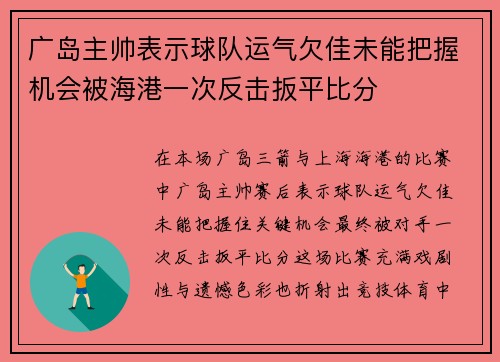 广岛主帅表示球队运气欠佳未能把握机会被海港一次反击扳平比分 广岛主帅表示球队运气欠佳未能把握机会被海港一次反击扳平比分